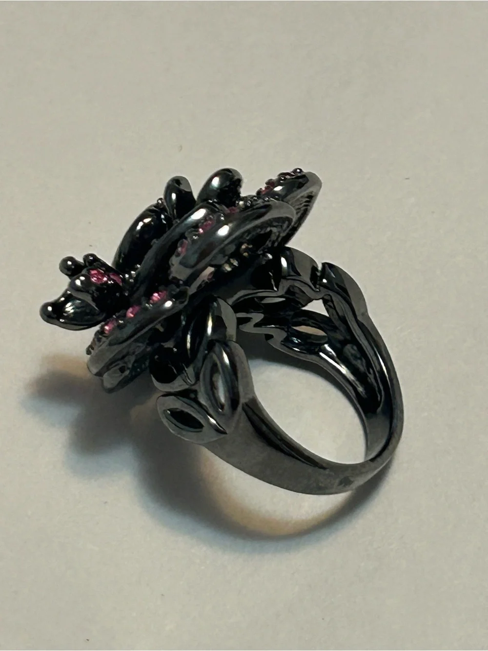 Park Lane Pink Crystal Floral Cocktail Ring With Miniature Corner Butterfly